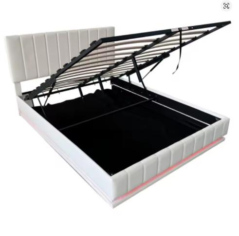 King Bed with LED Lighting, PU Leather Upholstered 5ft Bed with Hydraulic Storage
