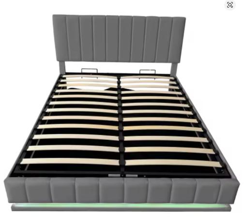 King Bed with LED Lighting, PU Leather Upholstered 5ft Bed with Hydraulic Storage
