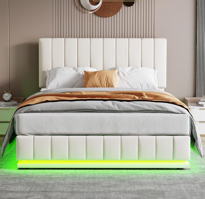 King Bed with LED Lighting, PU Leather Upholstered 5ft Bed with Hydraulic Storage