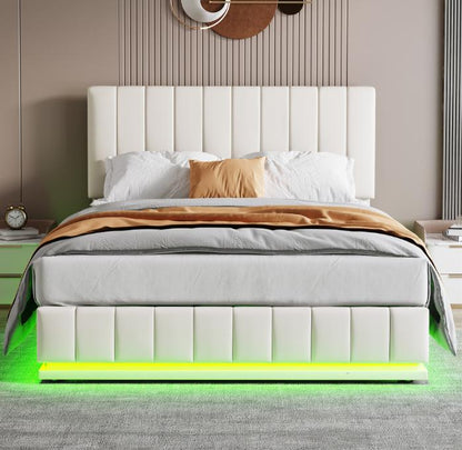 King Bed with LED Lighting, PU Leather Upholstered 5ft Bed with Hydraulic Storage