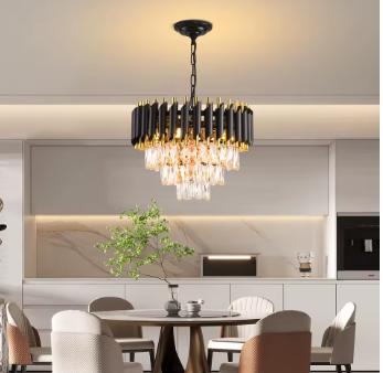 Black & Gold 3-Tier Crystal Pendant Chandelier - Modern Flush Mount Ceiling Light