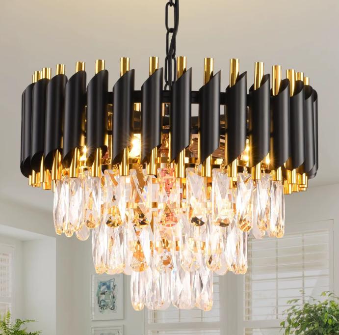 Black & Gold 3-Tier Crystal Pendant Chandelier - Modern Flush Mount Ceiling Light