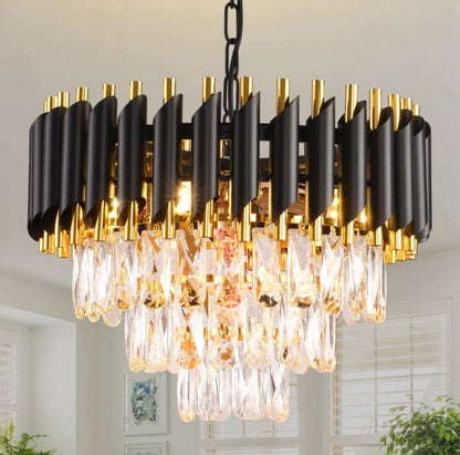 Black & Gold 3-Tier Crystal Pendant Chandelier - Modern Flush Mount Ceiling Light