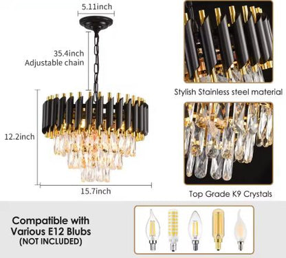 Black & Gold 3-Tier Crystal Pendant Chandelier - Modern Flush Mount Ceiling Light
