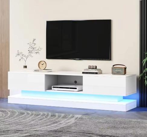 High-Gloss TV Stand with RGB LEDs, 2 Drawers & Open Storage for 70-79 Inch TVs