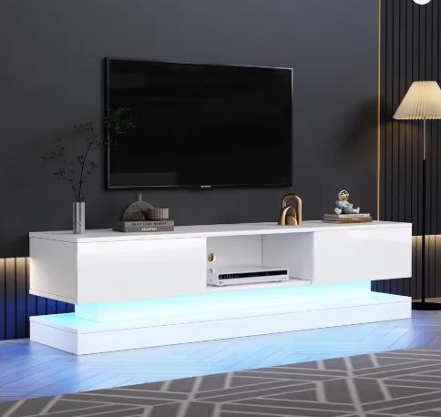 High-Gloss TV Stand with RGB LEDs, 2 Drawers & Open Storage for 70-79 Inch TVs
