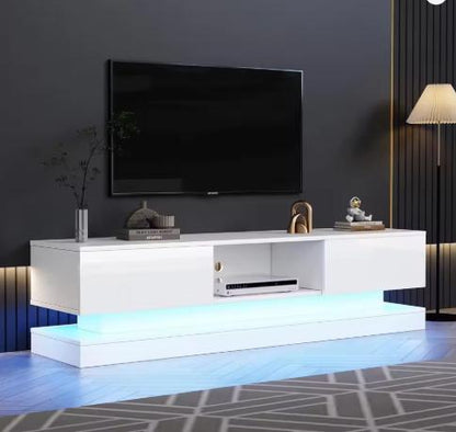 High-Gloss TV Stand with RGB LEDs, 2 Drawers & Open Storage for 70-79 Inch TVs