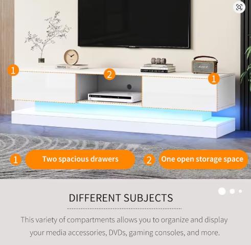 High-Gloss TV Stand with RGB LEDs, 2 Drawers & Open Storage for 70-79 Inch TVs