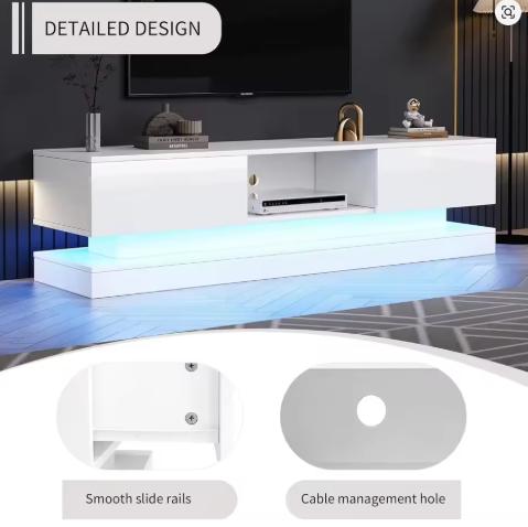 High-Gloss TV Stand with RGB LEDs, 2 Drawers & Open Storage for 70-79 Inch TVs