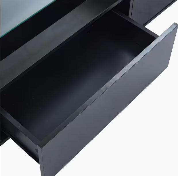 Modern DEPOT TV cabinet with sleek design, featuring open shelves and storage compartments for living room organization.