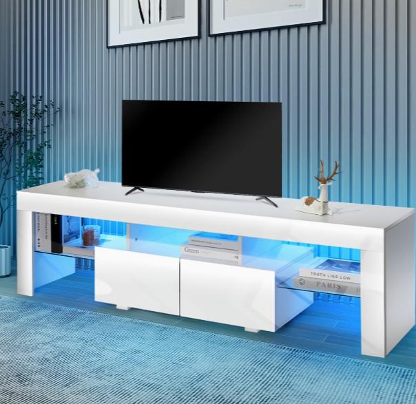 High-gloss DEPOT TV stand with RGB LED lights, two drawers, and open storage for 32-65 inch TVs, modern and sleek design