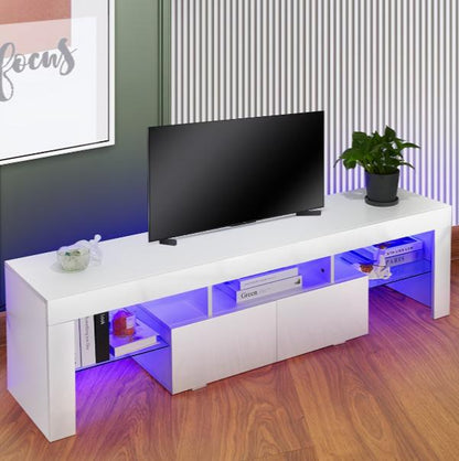 High-gloss DEPOT TV stand with RGB LED lights, two drawers, and open storage for 32-65 inch TVs, sleek modern design.