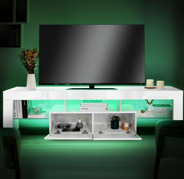 High-gloss TV stand with RGB LED lighting, two drawers, and open storage for 32-65 inch TVs, by DEPOT.