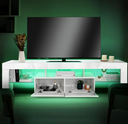 High-gloss TV stand with RGB LED lighting, two drawers, and open storage for 32-65 inch TVs, by DEPOT.