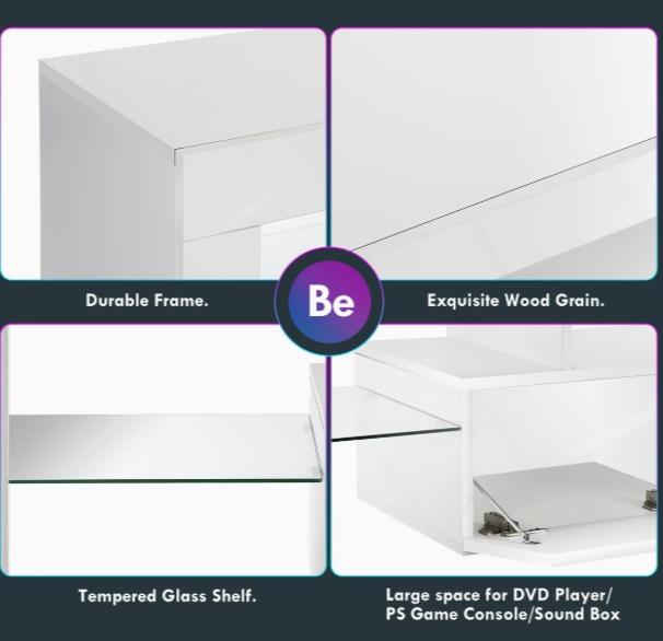 High-gloss DEPOT TV stand with RGB LED lighting, two drawers, and open storage for 32-65 inch TVs, modern furniture design.