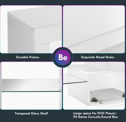 High-gloss DEPOT TV stand with RGB LED lighting, two drawers, and open storage for 32-65 inch TVs, modern furniture design.