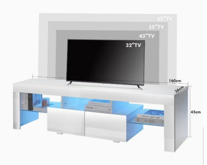 High-gloss DEPOT TV stand with RGB LED lighting, two drawers, and open storage for 32-65 inch TVs.