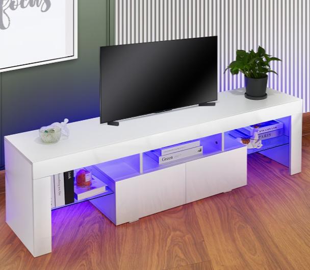 High-gloss DEPOT TV stand with RGB LED lighting, two drawers, and open storage for 32-65 inch TVs, sleek modern design
