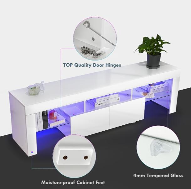 High-gloss DEPOT TV stand with RGB LEDs, 2 drawers, open storage for 32-65 inch TVs, modern furniture for living room.