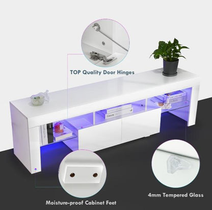High-gloss DEPOT TV stand with RGB LEDs, 2 drawers, open storage for 32-65 inch TVs, modern furniture for living room.