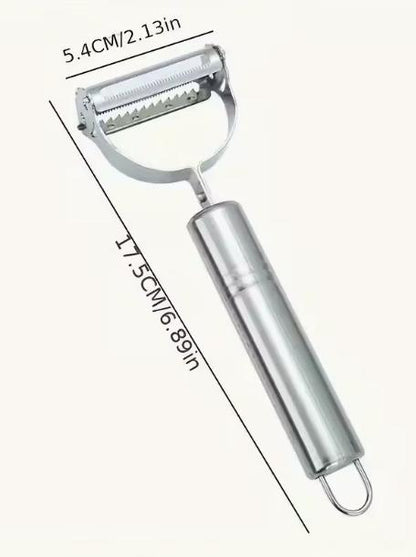 Multi-functional DEPOT peeler with ergonomic handle, shown in use with vegetables on a white background.