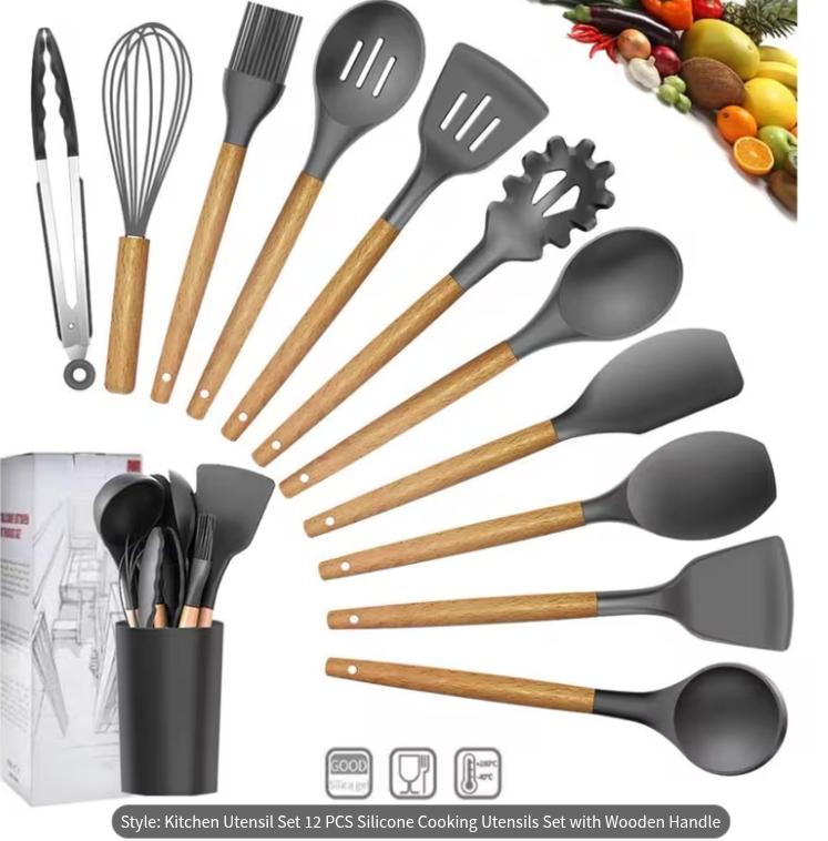 12-piece silicone cooking utensils set from DEPOT including spatulas, spoons, and tongs for kitchen upgrade.