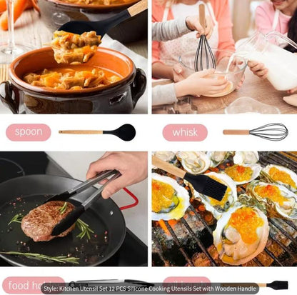 Set of 12 colorful silicone cooking utensils from DEPOT, including spatulas, spoons, and tongs for kitchen use.