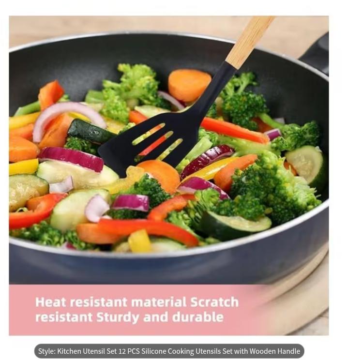 Set of 12 silicone cooking utensils from DEPOT, including spatulas, spoons, and tongs, arranged on a kitchen countertop.