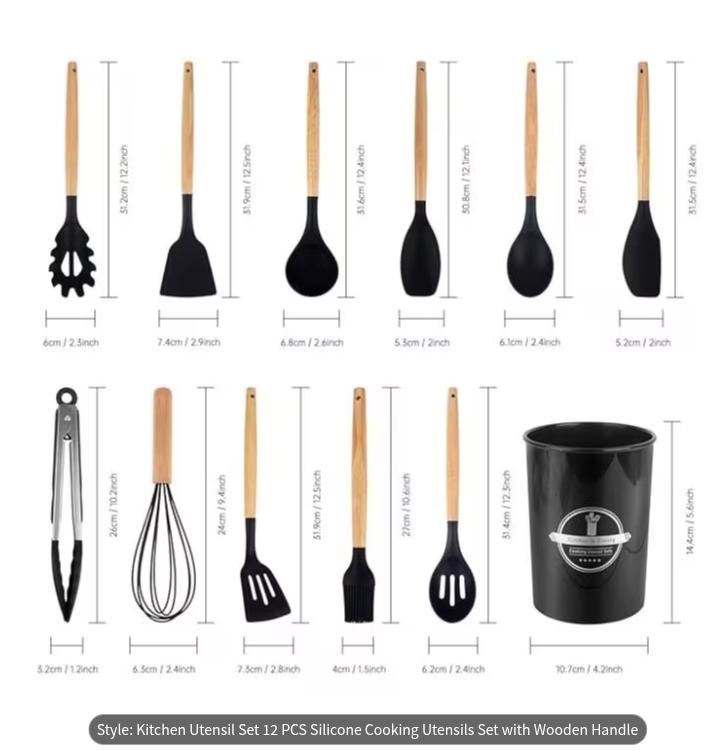 Set of 12 silicone cooking utensils from DEPOT, including spatulas, spoons, and tongs, arranged on a kitchen countertop.