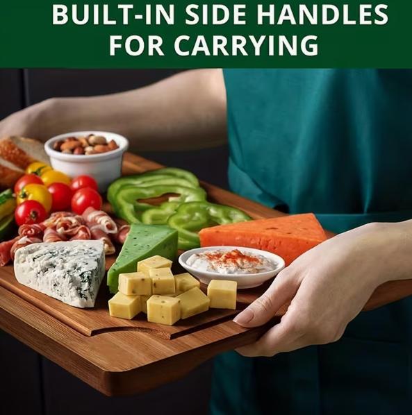 DEPOT premium bamboo cutting board set with eco-friendly wooden chopping boards for meat and vegetables, showcasing smooth surface and handles.