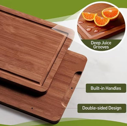 Premium bamboo cutting board set by DEPOT, eco-friendly wooden chopping boards for meat and vegetables, with knife on surface.