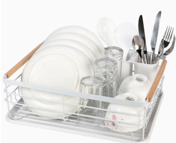 Vinsani dish drainer with wooden handles and drip tray for drying dishes and utensils, durable and stylish kitchen accessory.