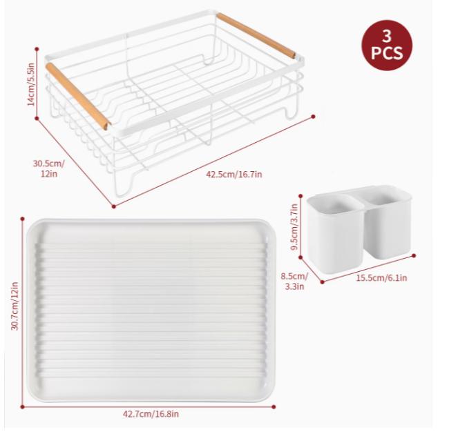 Vinsani dish drainer with wooden handles and drip tray for drying dishes and utensils in a kitchen setting