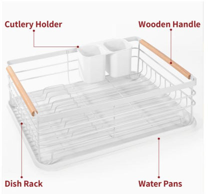 Vinsani dish drainer with wooden handles and drip tray for drying dishes and utensils in a modern kitchen setting.