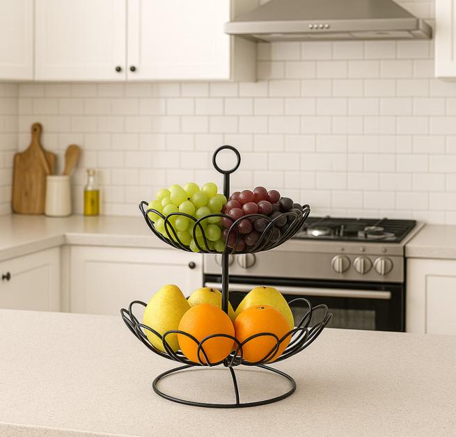 Stainless steel 2-tier fruit basket by DEPOT featuring durable metal design for organizing fresh fruit at home