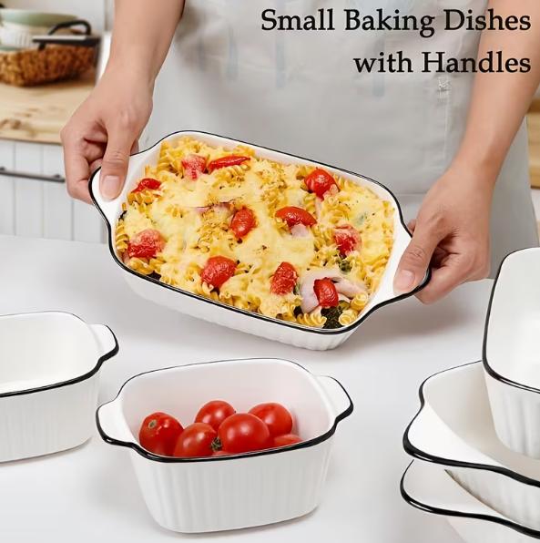 Set of three ceramic baking dishes by DEPOT, rectangular and round, with a smooth glazed finish for oven and table use.