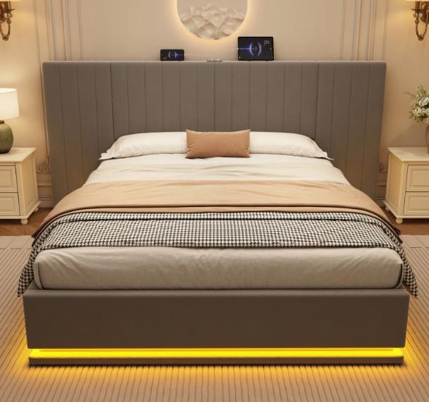 DEPOT King bed with LED lighting, PU leather upholstery, 5ft size, hydraulic storage feature, modern bedroom furniture.