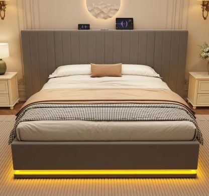 DEPOT King bed with LED lighting, PU leather upholstery, 5ft size, hydraulic storage feature, modern bedroom furniture.