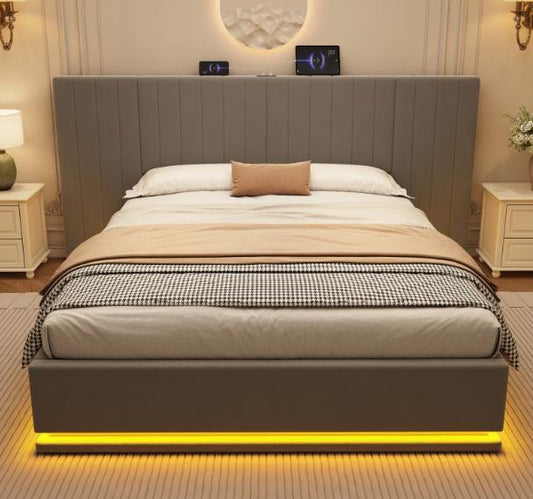 DEPOT King bed with LED lighting, PU leather upholstery, 5ft size, hydraulic storage feature, modern bedroom furniture.
