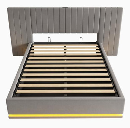 DEPOT King bed with LED lighting, PU leather upholstery, 5ft size, hydraulic storage, stylish bedroom furniture.