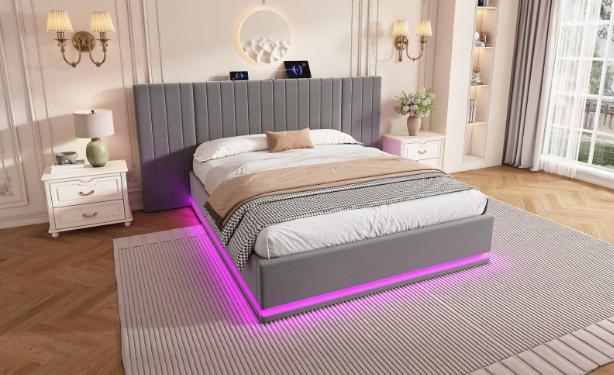 DEPOT king bed with LED lighting, upholstered in PU leather, featuring hydraulic storage and a 5ft frame.