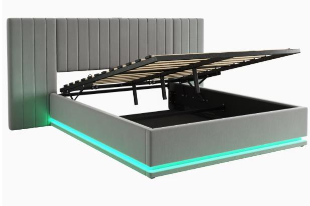 PU leather king bed with LED lighting and hydraulic storage, 5ft size, modern design by DEPOT in a bedroom setting.