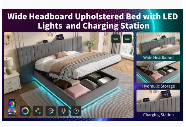 King size bed with LED lighting, PU leather upholstery, 5ft frame, hydraulic storage, modern design by DEPOT
