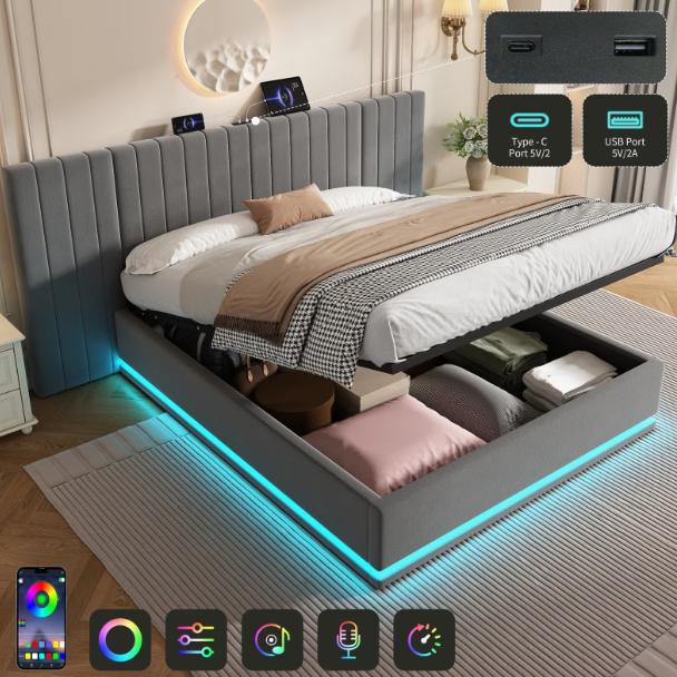 DEPOT king bed with LED lighting, PU leather upholstery, 5ft size, hydraulic storage, modern bedroom furniture.