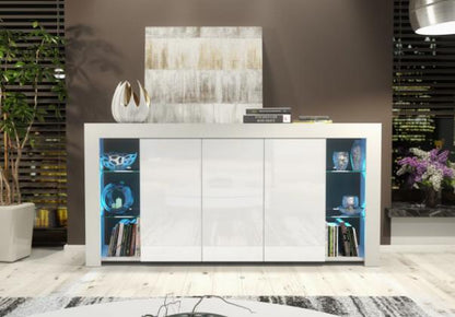 Modern DEPOT sideboard with high gloss doors and integrated LED lights, featuring sleek storage and contemporary design.