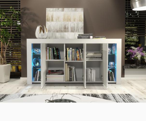 Modern DEPOT sideboard with high gloss doors and integrated LED lights, featuring sleek storage and contemporary design.