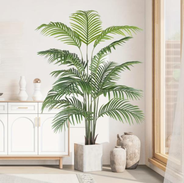 Large lifelike palm tree by DEPOT, indoor and outdoor tropical foliage ideal for home and garden decor, with lush green fronds.