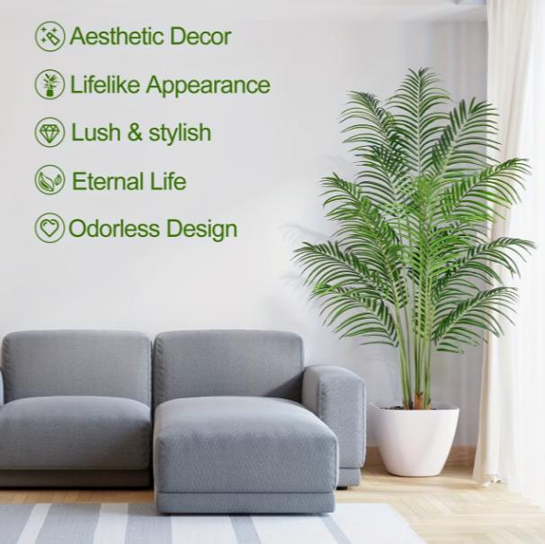 Large lifelike DEPOT palm tree for indoor and outdoor tropical garden decor, featuring lush green foliage and realistic trunk details.