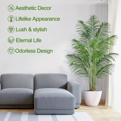 Large lifelike DEPOT palm tree for indoor and outdoor tropical garden decor, featuring lush green foliage and realistic trunk details.