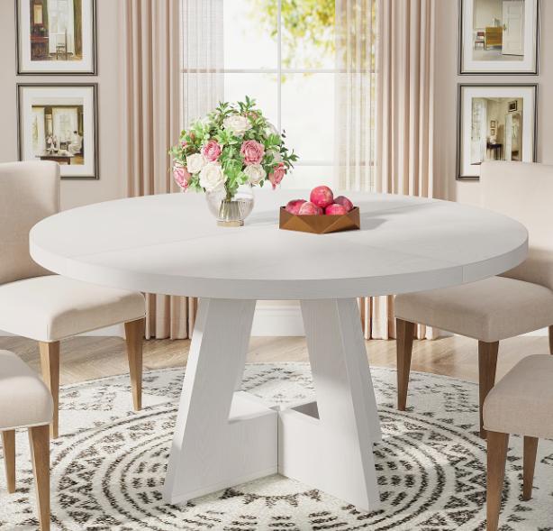 Round DEPOT dining table with wooden finish, ideal for kitchen, dining, living rooms, and office spaces.